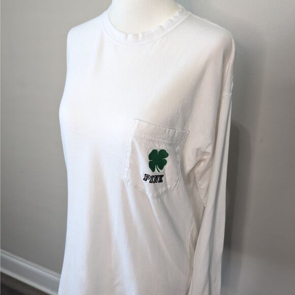 VS PINK White St. Patrick's Day Long Sleeve Crew Neck Sequin T-Shirt Size XS - Picture 2 of 11
